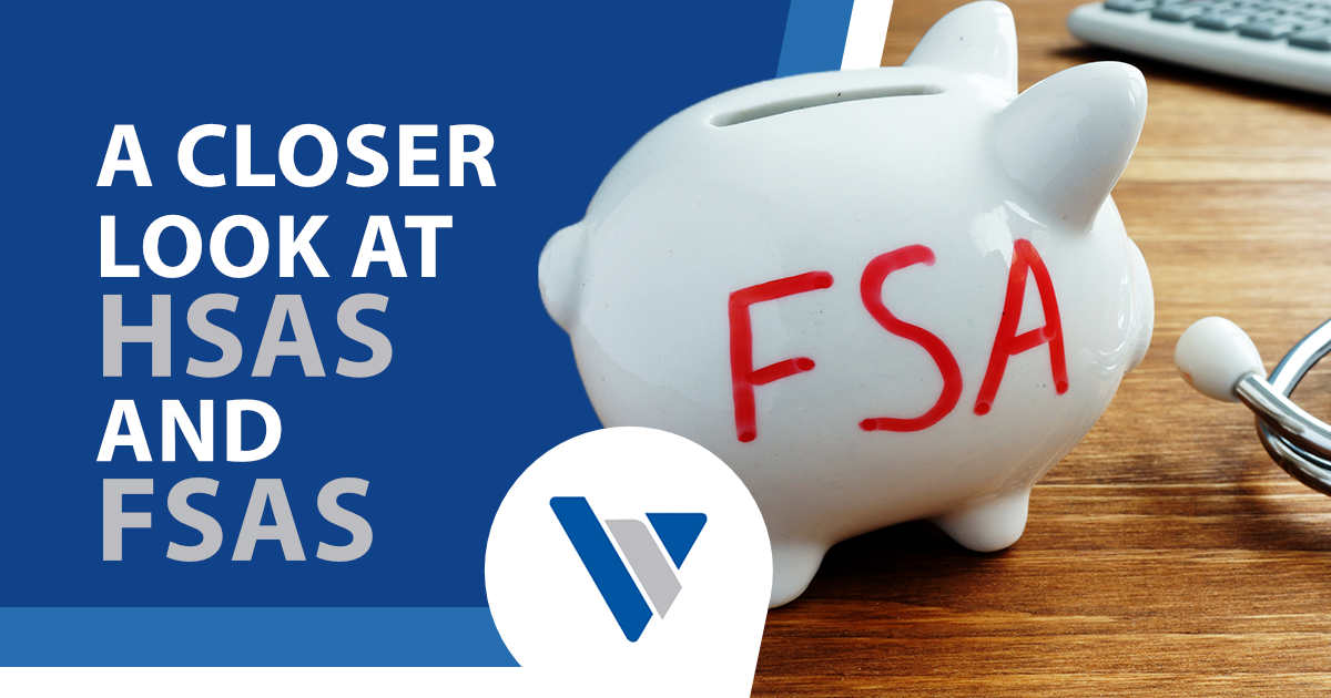 Image of a piggy bank labeled 'Flexible Spending Account (FSA),' featuring Virtus Wealth Management and highlighting a closer look at HSAs and FSAs.