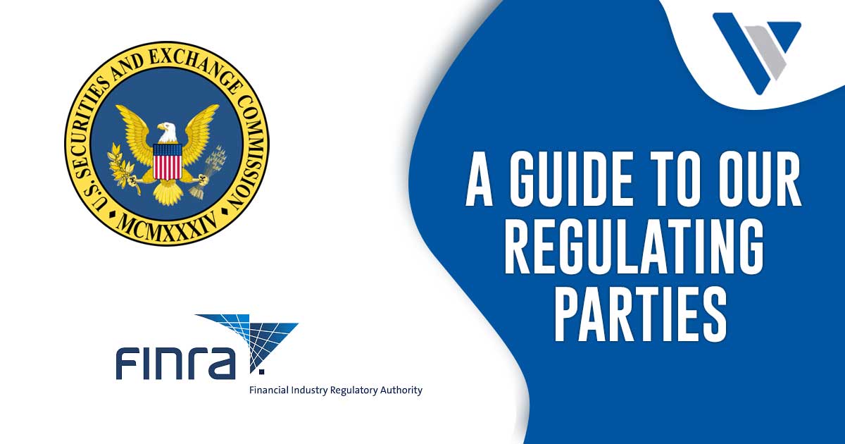 A white and blue background with the Virtus logo in the upper right corner. Below that it reads "A Guide to Our Regulating Parties." On the left side there is the seal for the U.S. Securities and Exchange Commission above the FINRA logo.