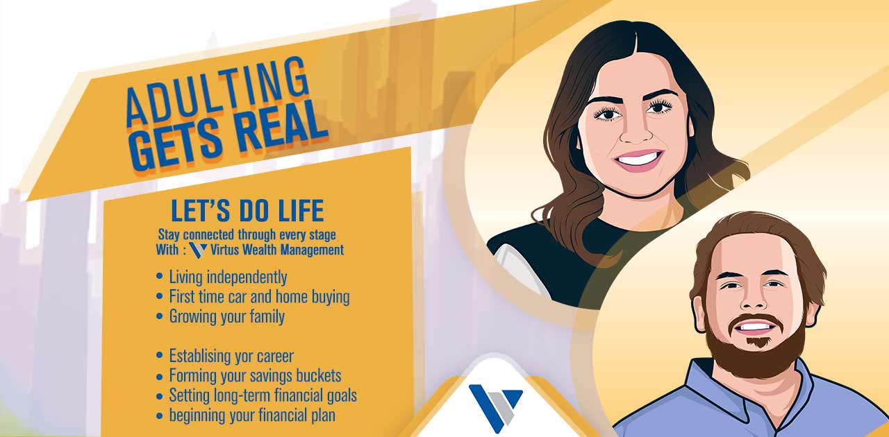 An "Adulting gets real" infographic with an illustrated man and woman.