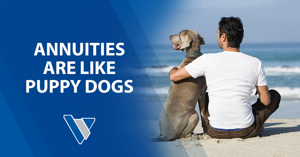 Image of a man and his dog sitting on a beach, featuring Virtus Wealth Management and highlighting the concept 'Annuities Are Like Puppy Dogs.