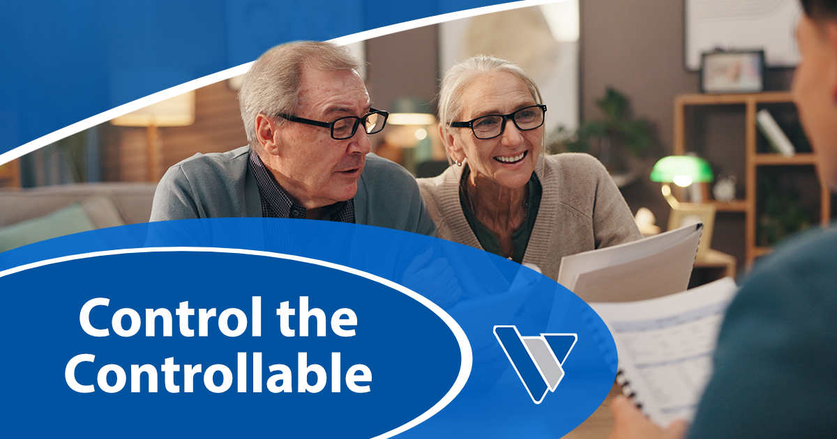 Elderly couple reviewing documents with a financial advisor at home, discussing a retirement plan and asset management. Senior man and woman consult an accountant about pension funds and financial planning. Featuring Virtus Wealth Management and highlighting “Control the Controllable.