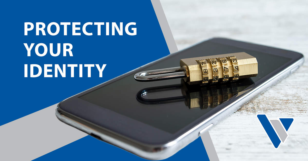 Image of a cell phone with a security lock icon, featuring Virtus Wealth Management and highlighting the importance of protecting your identity.