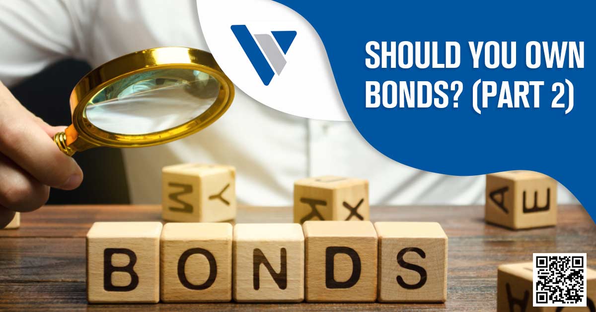 Building blocks with letters spelled out to read "Bonds" while a man in a white button up shirt sits behind them with a magnifying glass.
