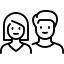Black icon of two human figures side by side, one with shoulder-length hair and one with short hair, symbolizing people and relationships.