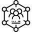Black icon of three people inside a hexagonal network with connected nodes, symbolizing teamwork and collaboration.