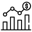 Black icon of a bar chart with line graph and dollar sign, representing financial data and growth trends.