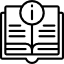 Black-and-white icon of an open book with text lines and an information symbol, representing knowledge and guidance.