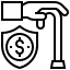 Black and white icon of a hand holding a coin above a shield with a dollar sign, symbolizing financial protection and security.