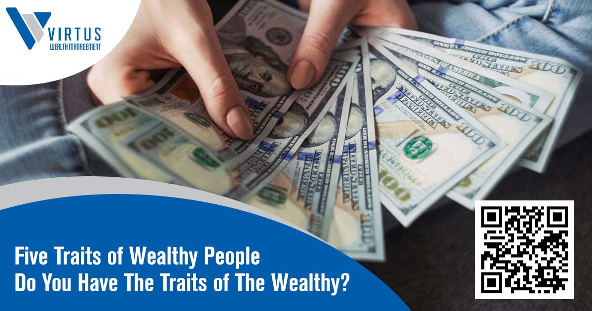 Hands holding U.S. dollar bills in a wealth-building graphic