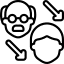 Black icon of two human heads connected by arrows, one older with glasses and one younger with hair, symbolizing mentorship and generational knowledge transfer.