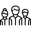 Simple black icon of three people standing together, symbolizing teamwork and community.