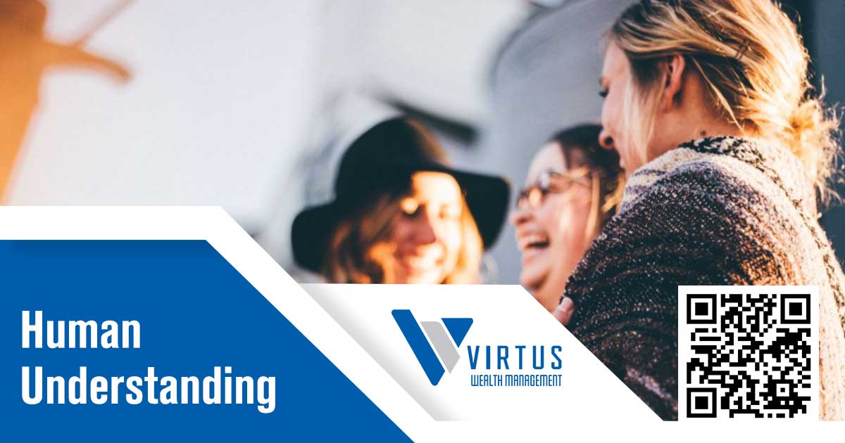 Group of people talking together beside a Human Understanding graphic