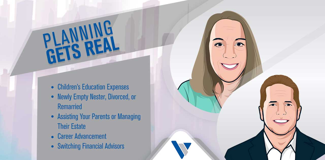 Illustrated graphic with two portraits and cityscape background, highlighting financial planning topics such as education expenses, estate management, and career advancement.