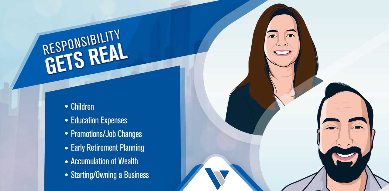 Stylized illustration with two people and cityscape background, featuring the banner “Responsibility Gets Real” and topics on family, career, and financial planning.