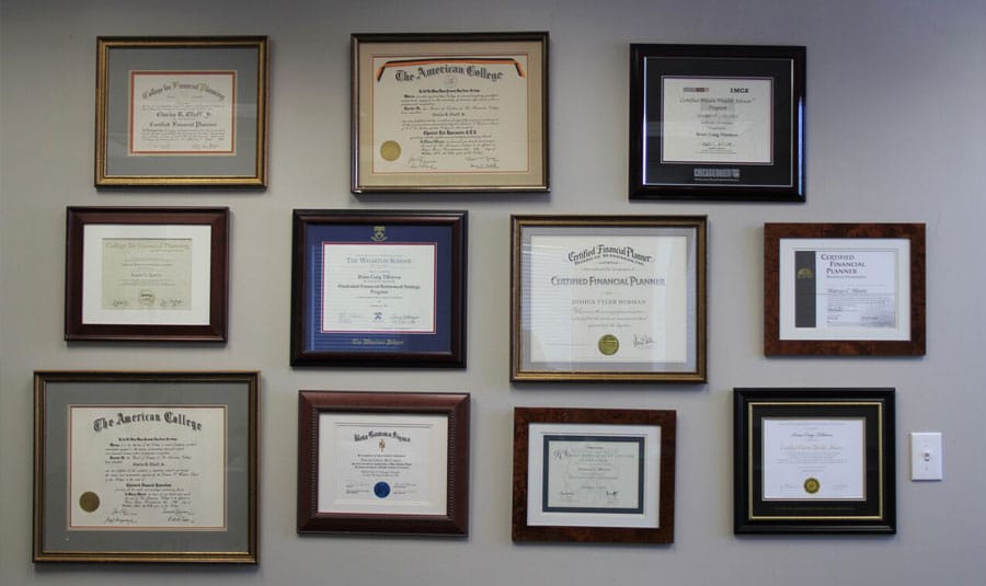 Phot of Virtus Wealth Management credentials on the wall at their Southlake, Texas office